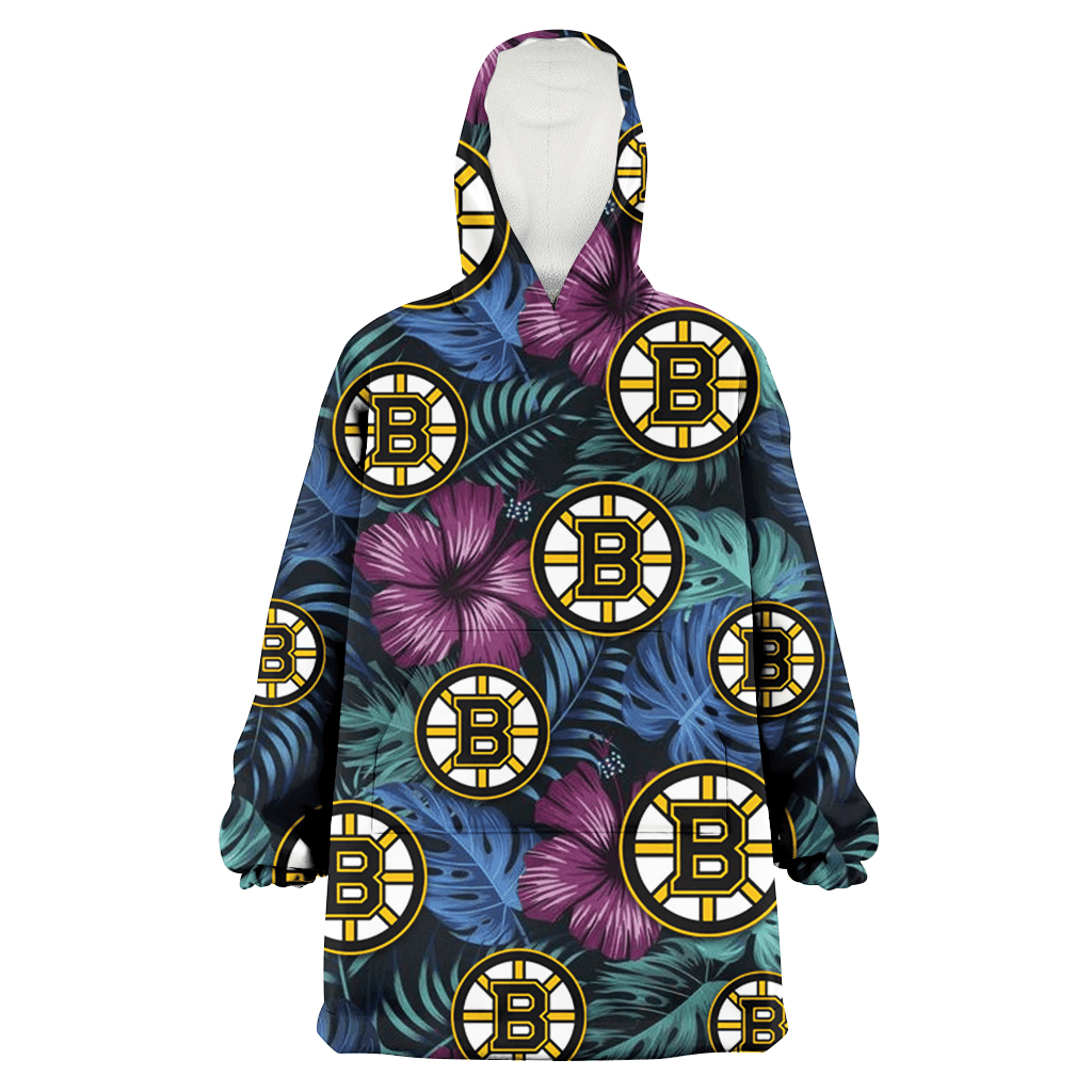 Boston Bruins Dark Magenta Green Leaf Black Background 3D Printed Hoodie Blanket Snug Hoodie