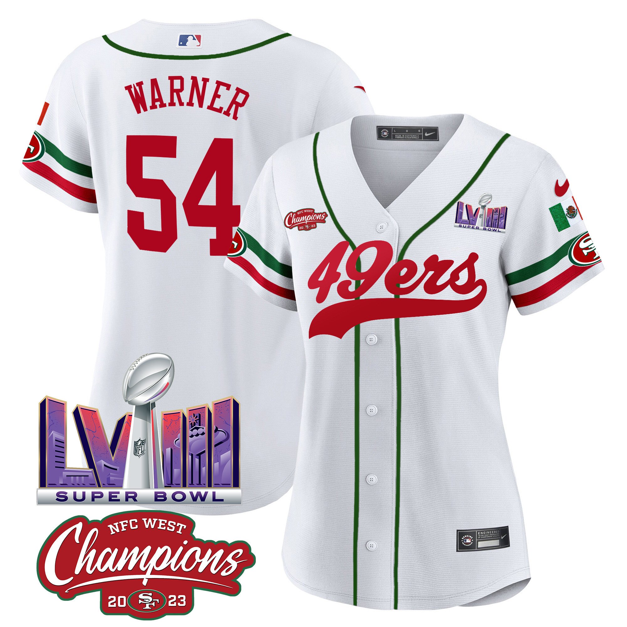 Women’S 49Ers Mexico Nfc West Champions & Super Bowl Lviii Patch Baseball Jersey – All Stitched