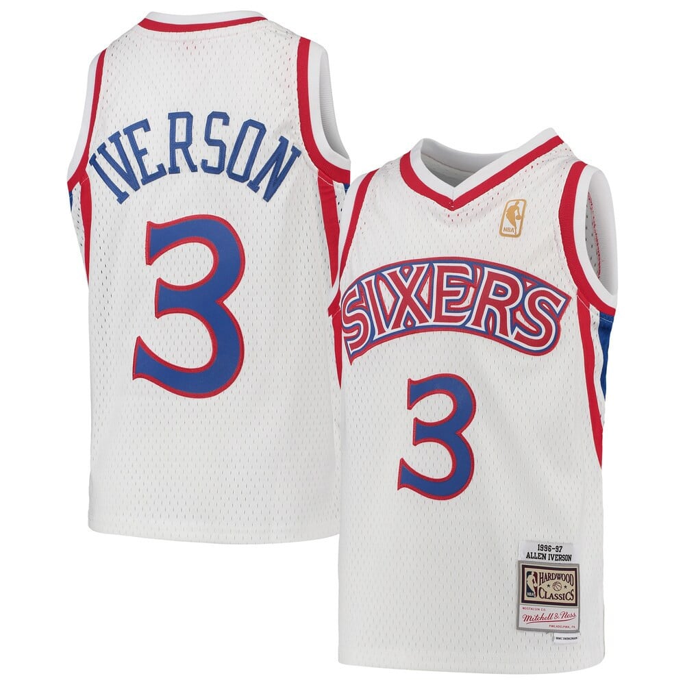 Allen Iverson Philadelphia 76Ers Mitchell & Ness Youth 1996-97 Hardwood Classics Swingman Throwback White Jersey – All Stitched