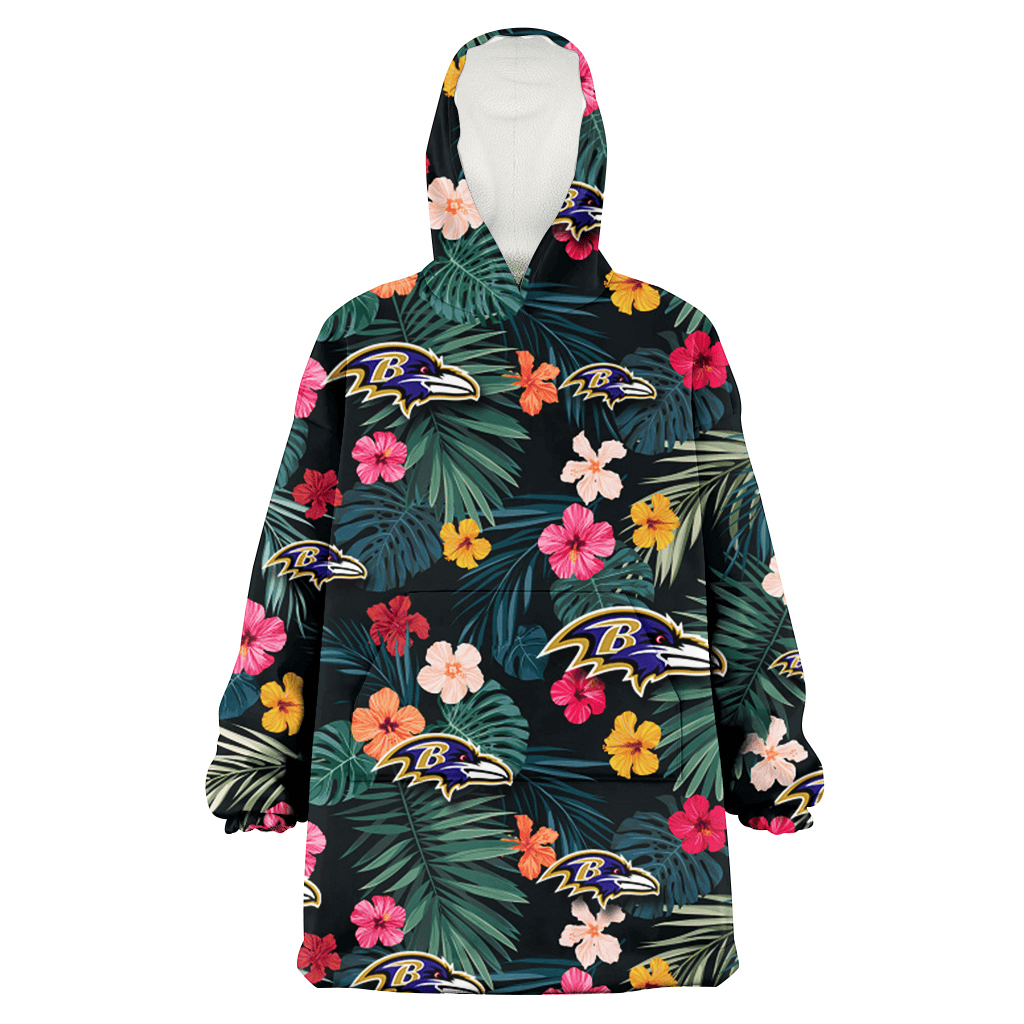 Baltimore Ravens Pink Yellow Orange Hibiscus Big Tropical Leaf Black Background 3D Printed Hoodie Blanket Snug Hoodie