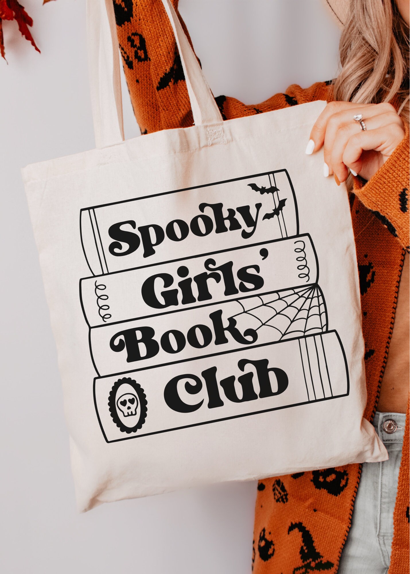 Spooky Girl’s Book Club Tote Bag, Book Tote Bag, Halloween Tote Bag, Bookworm Tote Bag, Book Club Bag, Spooky Season Bag, Teacher Tote Bag