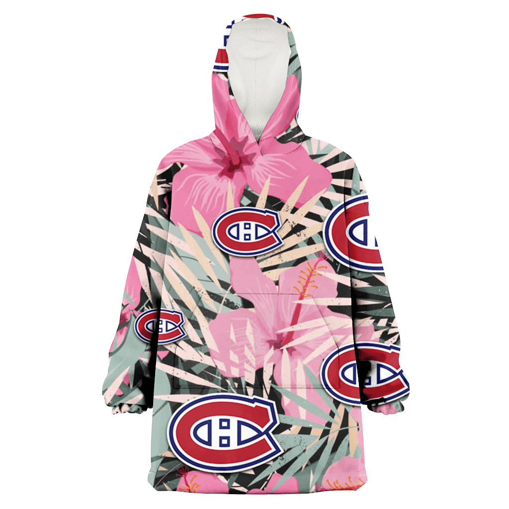 Montreal Canadiens Light Pink Hibiscus Pale Green Leaf Black Background 3D Printed Hoodie Blanket Snug Hoodie