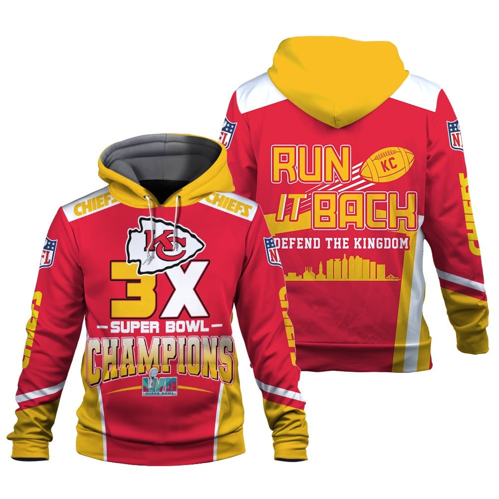 Onlytee - Custom Hoodie - Kansas City Chiefs 3X Super Bowl Champions Run It Back Print 3D Hoodie
