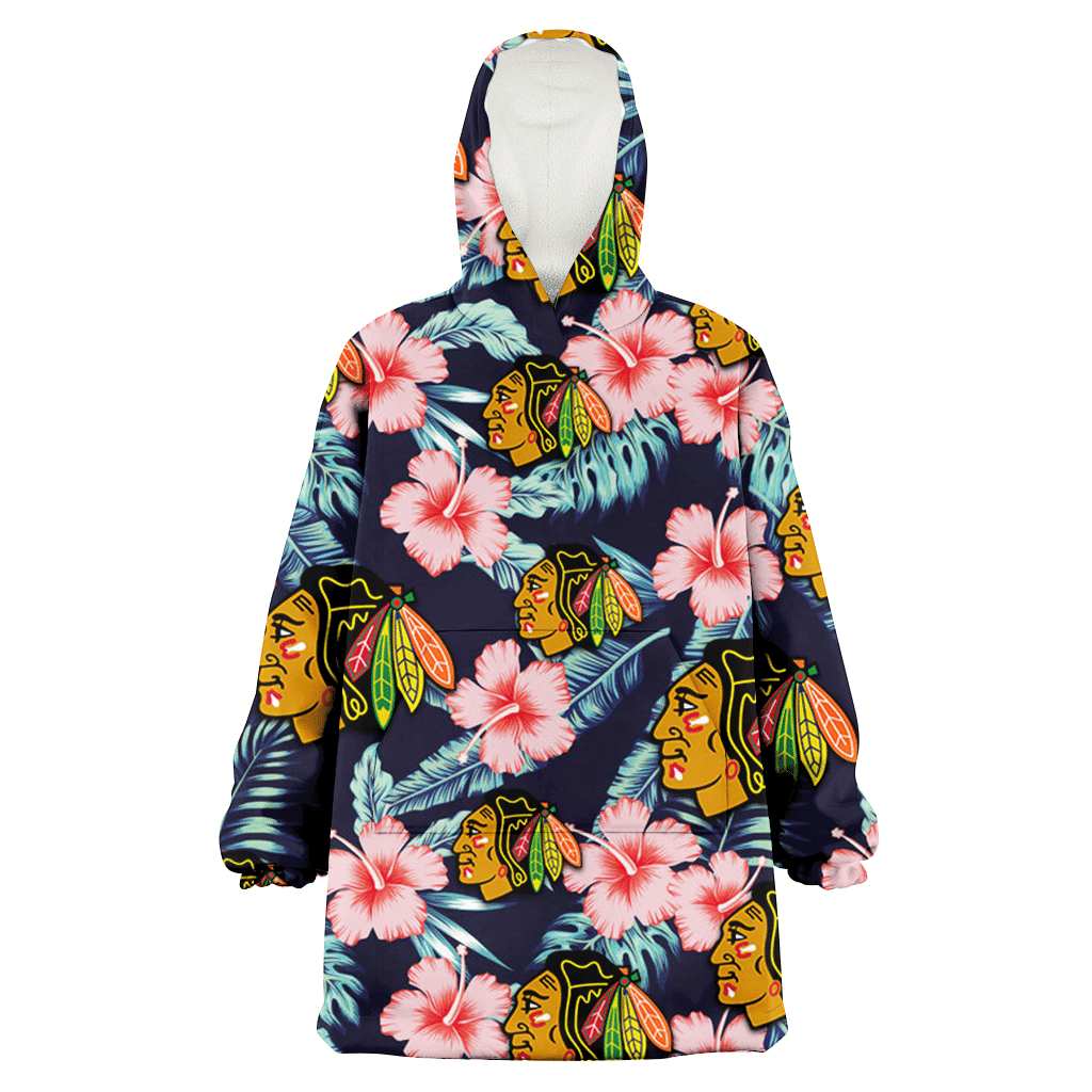 Chicago Blackhawks Coral Hibiscus Green Banana Leaf Black Background 3D Printed Hoodie Blanket Snug Hoodie