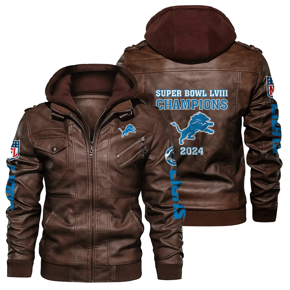 Detroit Lions Super Bowl LVIII NFL Champions Zip Brown Leather Jacket With Hood