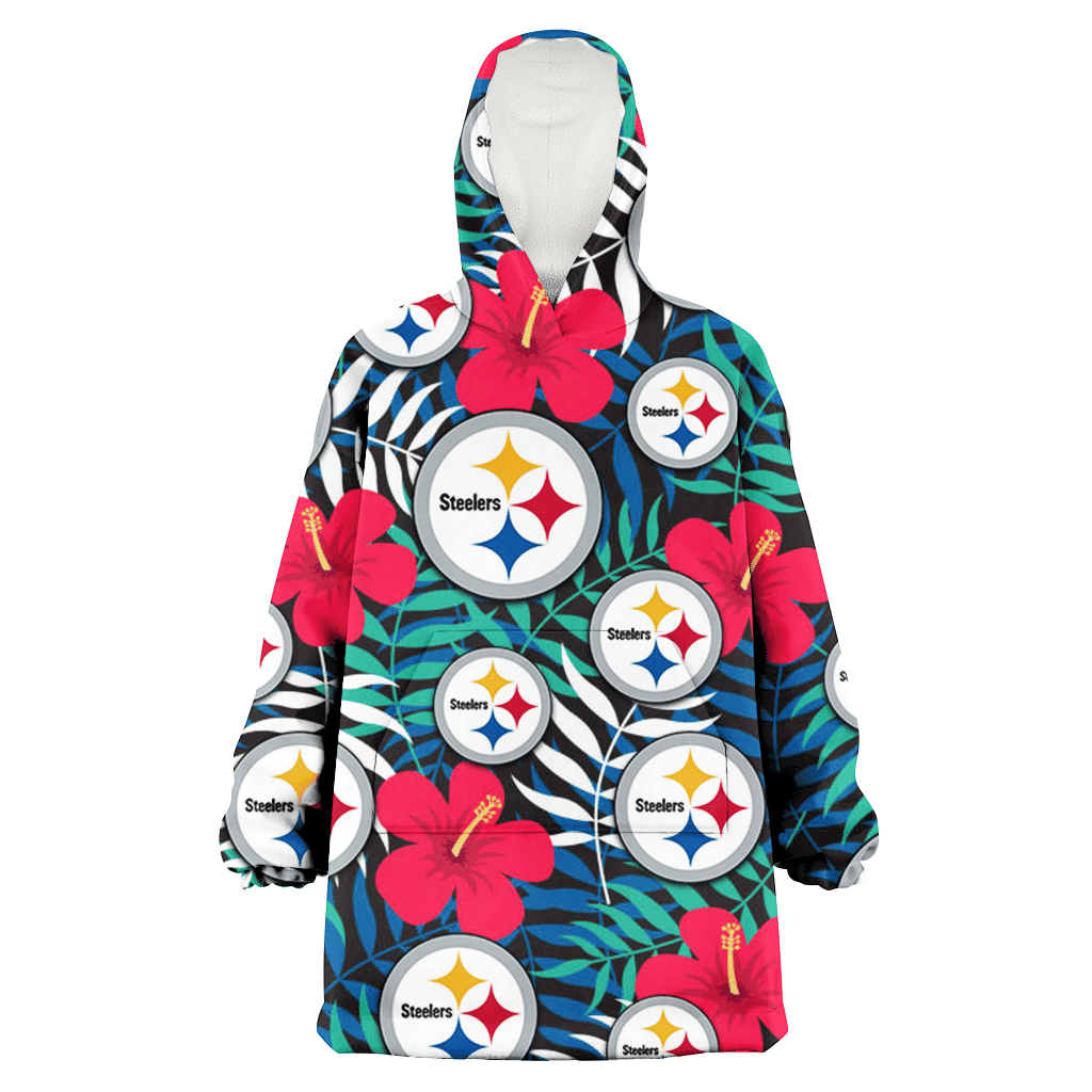 Pittsburgh Steelers Red Hibiscus Green Blue White Leaf Black Background 3D Printed Hoodie Blanket Snug Hoodie