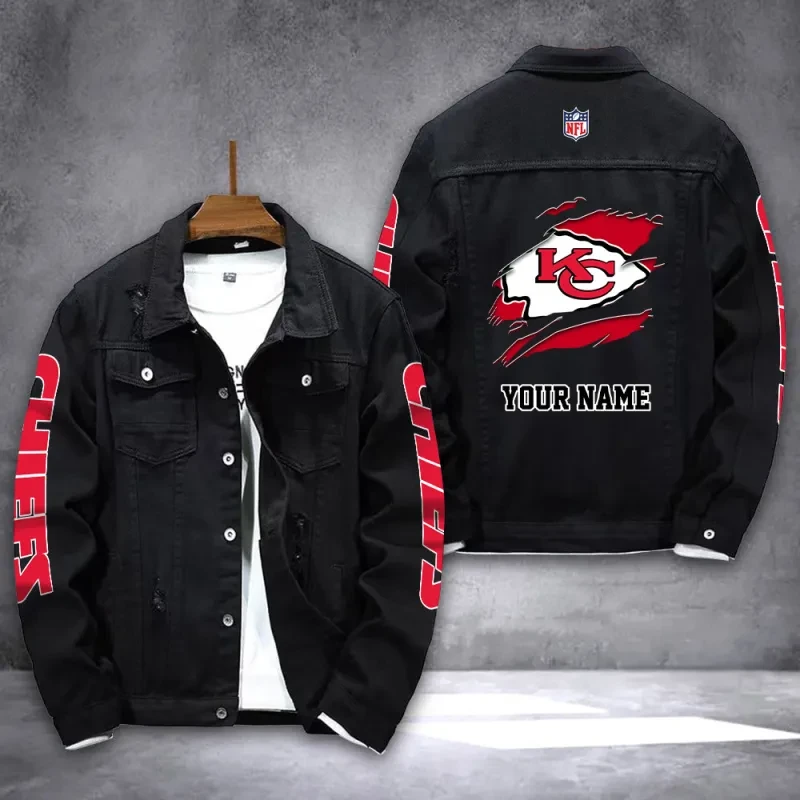 Kansas City Chiefs NFL Team Name Personalized Sleeve Back Logo Black Slick Pattern Denim Jacket