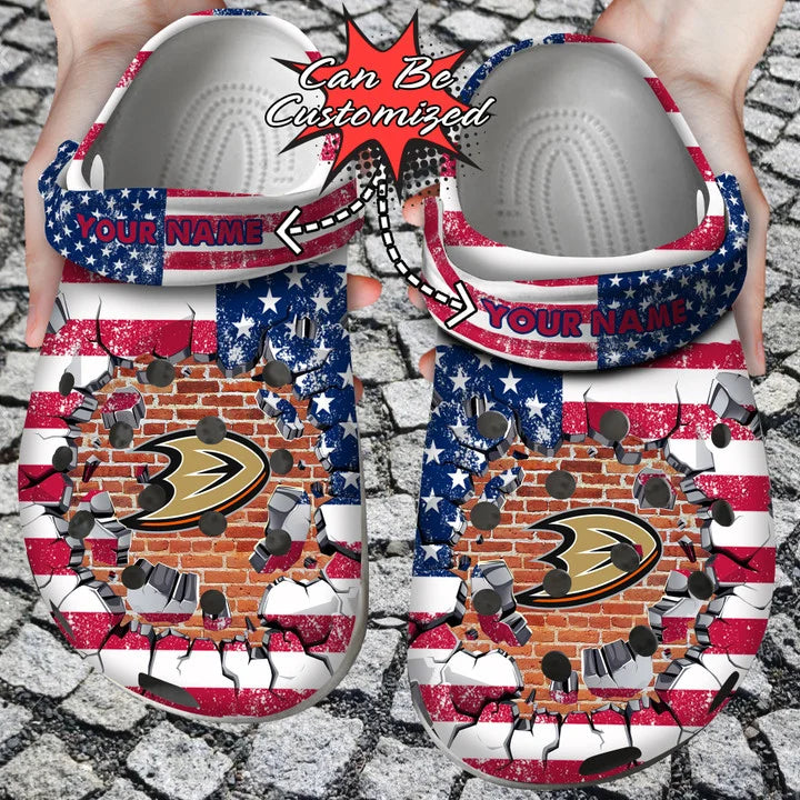 Hockey Crocs – Personalized A.Ducks American Flag Breaking Wall Clog Shoes