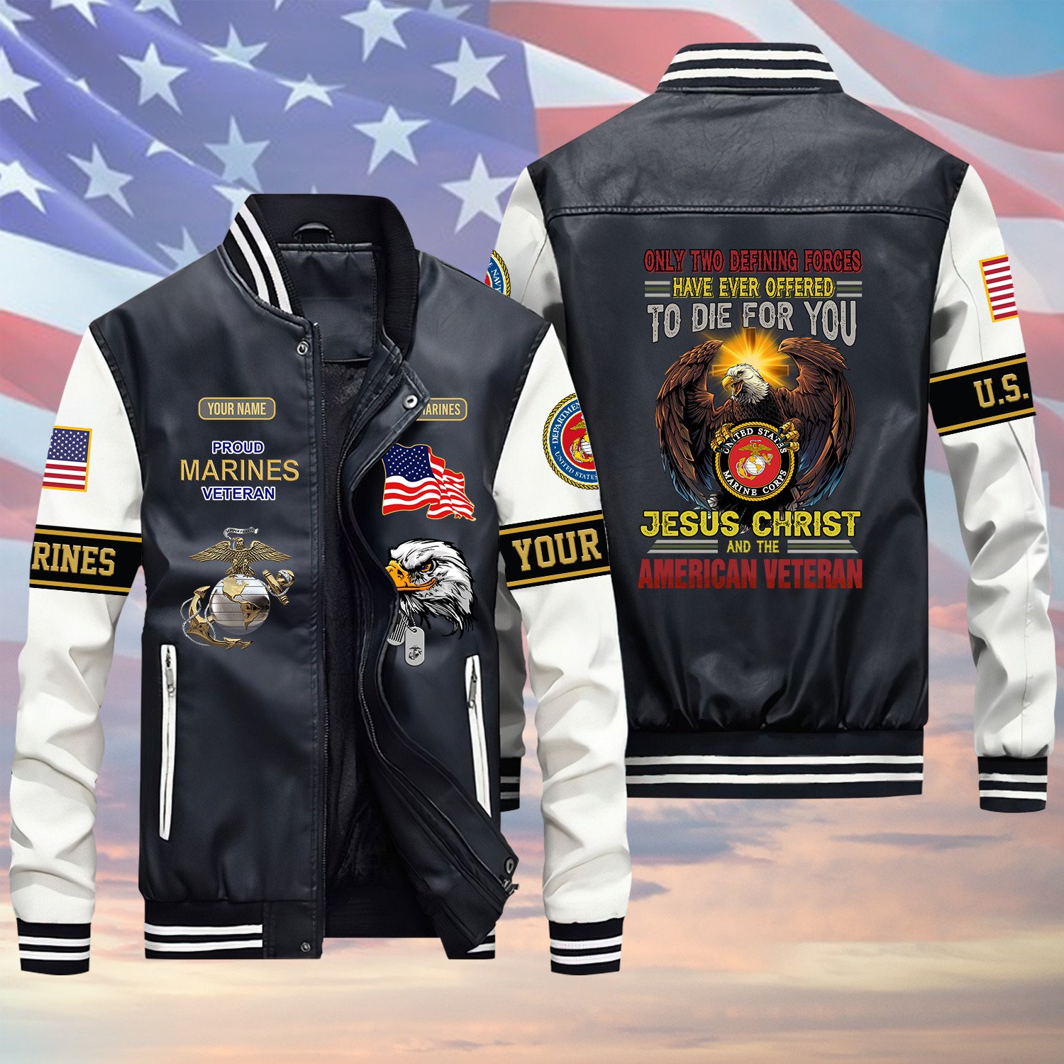 Only Two Defining Forces U.S Marine Veteran Green Winter Gear Leather Bomber Leterman Varsity Jacket