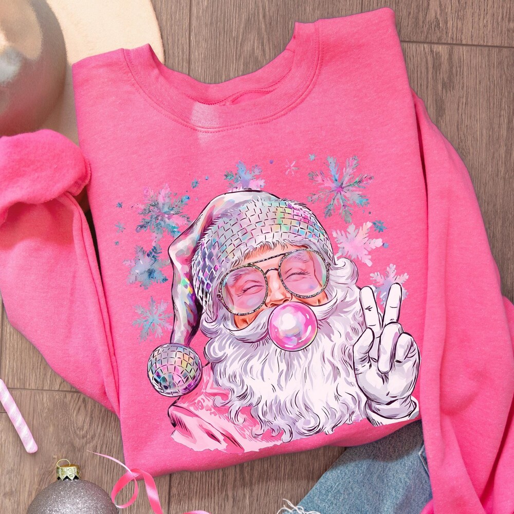 Retro Santa Sweatshirt, Pink Christmas Sweater, Women'S Holiday Crewneck, Xmas Gifted For Her, Trendy Festive Sweatshirt, Bubblegum Santa Stand Out In Every Moment Teeensemble