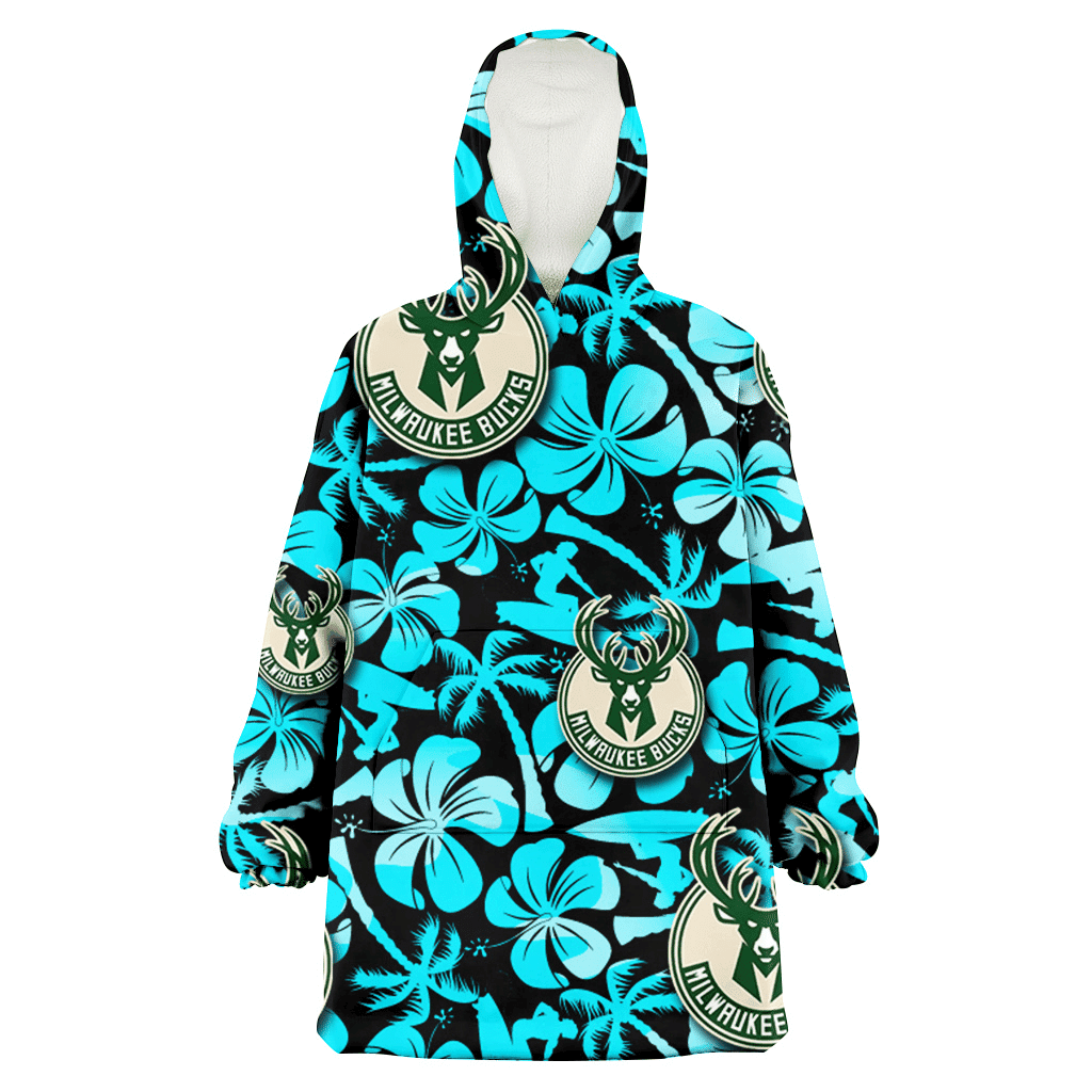 Milwaukee Bucks Blue Hibiscus Blue Coconut Tree Black Background 3D Printed Hoodie Blanket Snug Hoodie