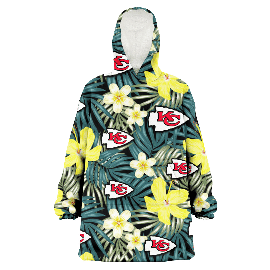 Kansas City Chiefs Hibiscus Green Palm Leaf Black Background 3D Printed Hoodie Blanket Snug Hoodie