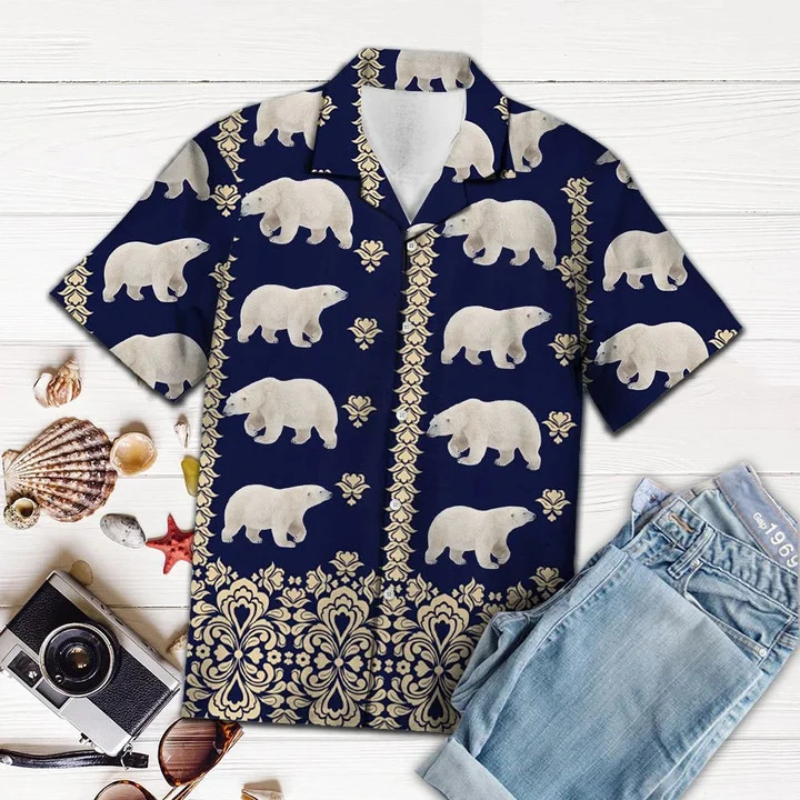 Bear Hawaiian Shirt, Great Gift For Polar Bear Lover Navy Pattern Hawaiian Shirt