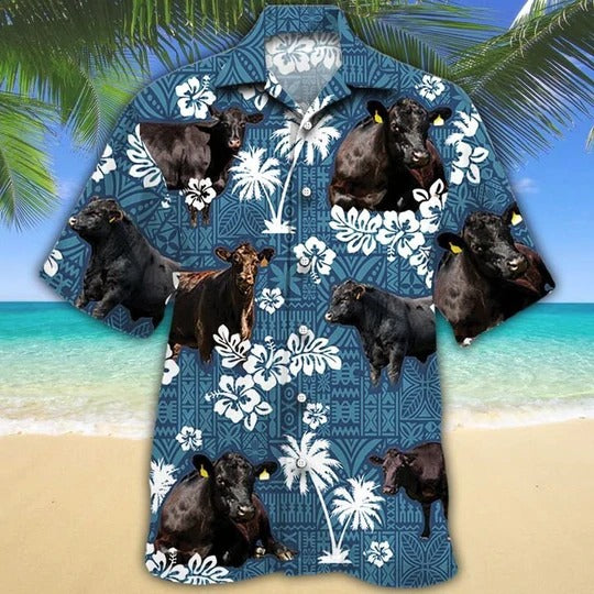 Black Angus Cattle Lovers Blue Tribal Hawaiian Shirt, Unisex Print Aloha Short Sleeve Casual Shirt