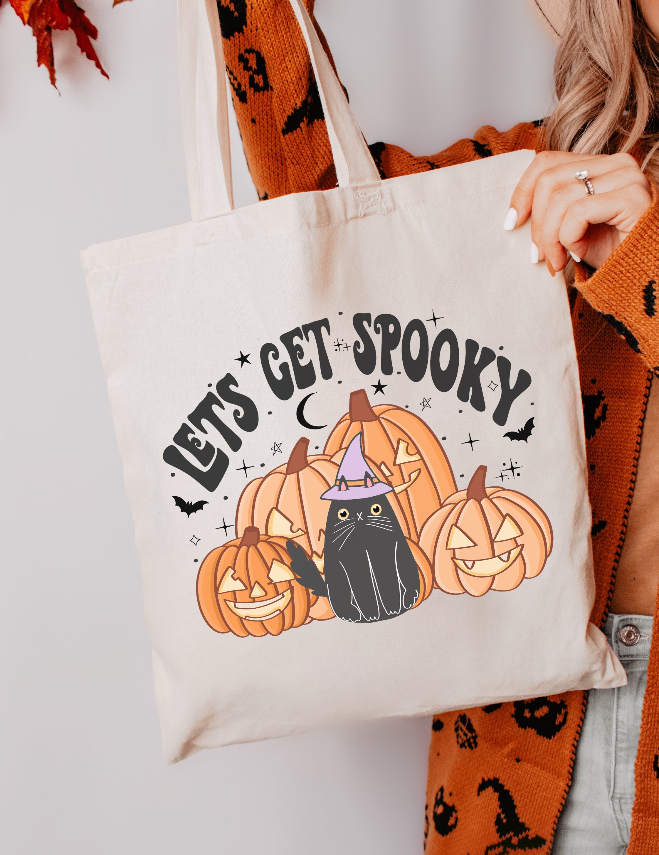 Halloween Tote Bag Trick or Treat Bag Halloween Trick or Treat Bag Aesthetic Halloween Candy Bag Halloween Black Cat Pumpkin Tote Bag