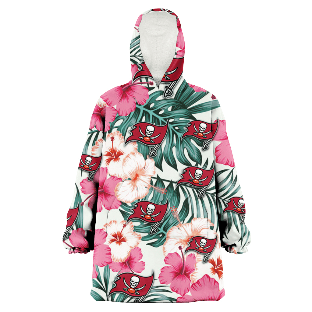 Tampa Bay Buccaneers Coral Pink Hibiscus Green Leaf Beige Background 3D Printed Hoodie Blanket Snug Hoodie