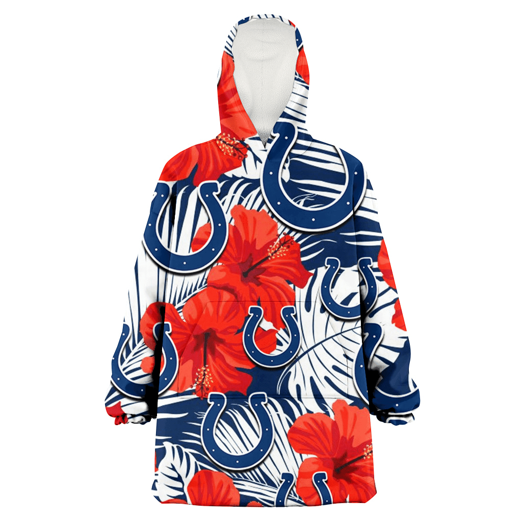 Indianapolis Colts White Tropical Leaf Red Hibiscus Navy Background 3D Printed Hoodie Blanket Snug Hoodie