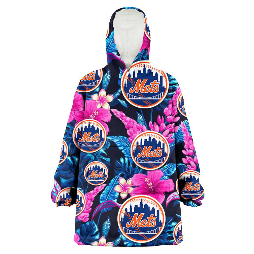 New York Mets Violet Red Hibiscus Blue Leaf Black Background 3D Printed Hoodie Blanket Snug Hoodie