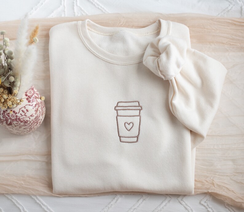 Embroidered Coffee Cup Sweatshirt, Embroidered Coffee Crewneck, Gifts for Coffee Lover, Coffee Addiction Sweatshirt