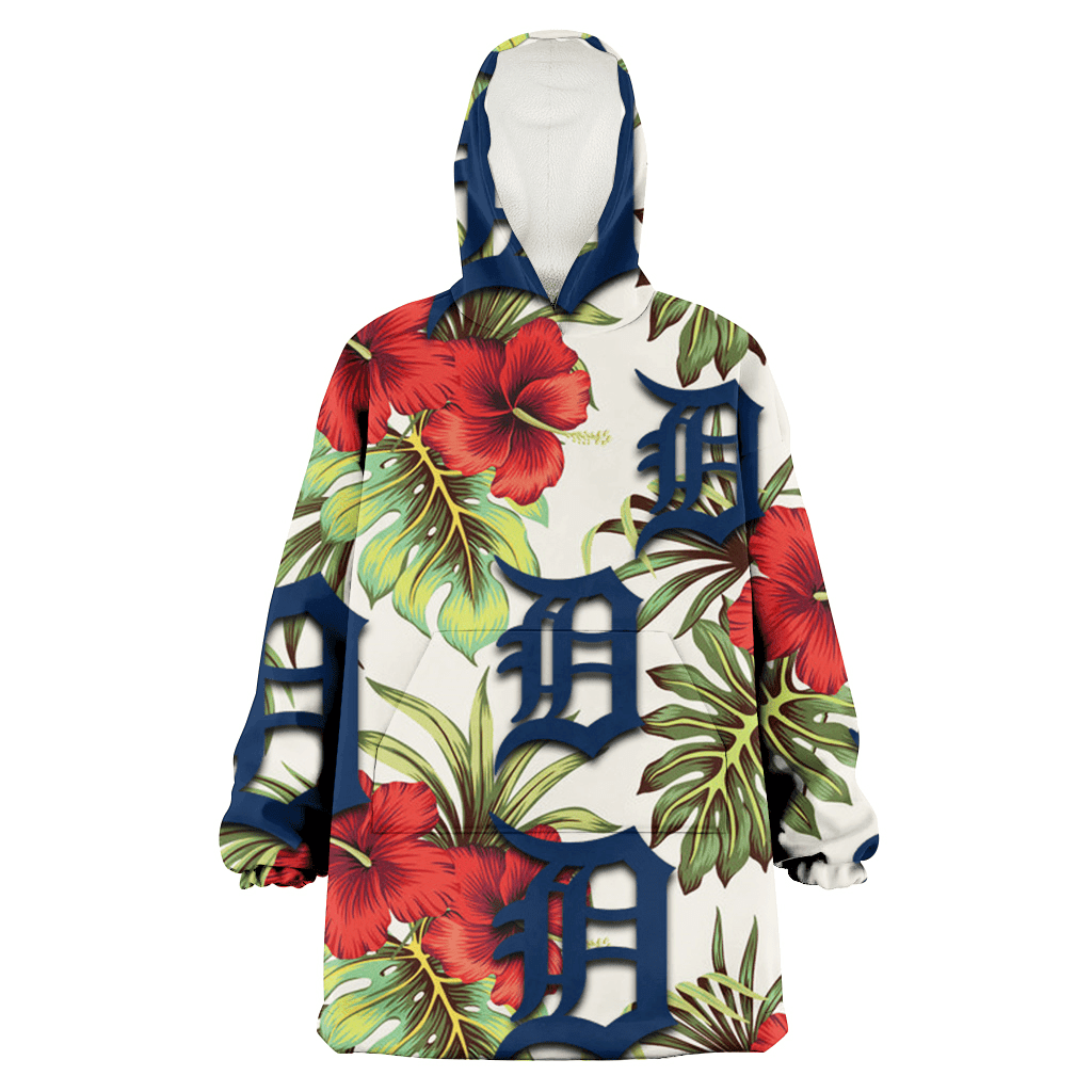 Detroit Tigers Red Hibiscus Green Tropical Leaf Cream Background 3D Printed Hoodie Blanket Snug Hoodie