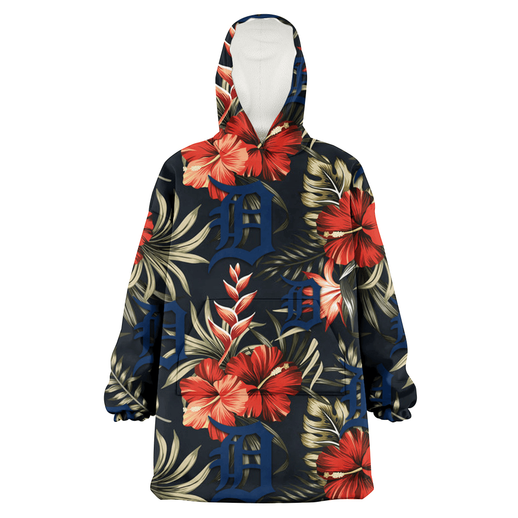 Detroit Tigers Red Hibiscus Green Leaf Dark Background 3D Printed Hoodie Blanket Snug Hoodie