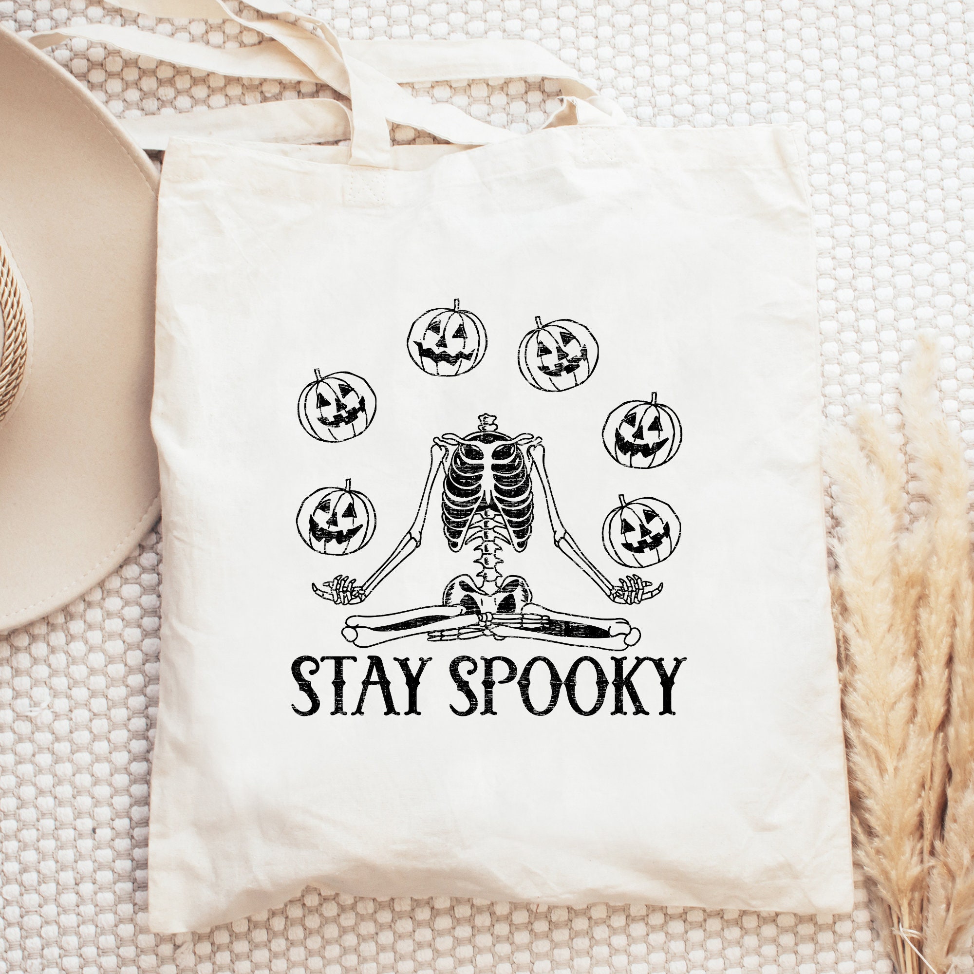 Stay Spooky Tote Bag, Skeleton, Pumpkin, Halloween, Spooky Season, Trick or Treat Bag, Skellies, Cute tote bag, Canvas tote,  Reusable bag