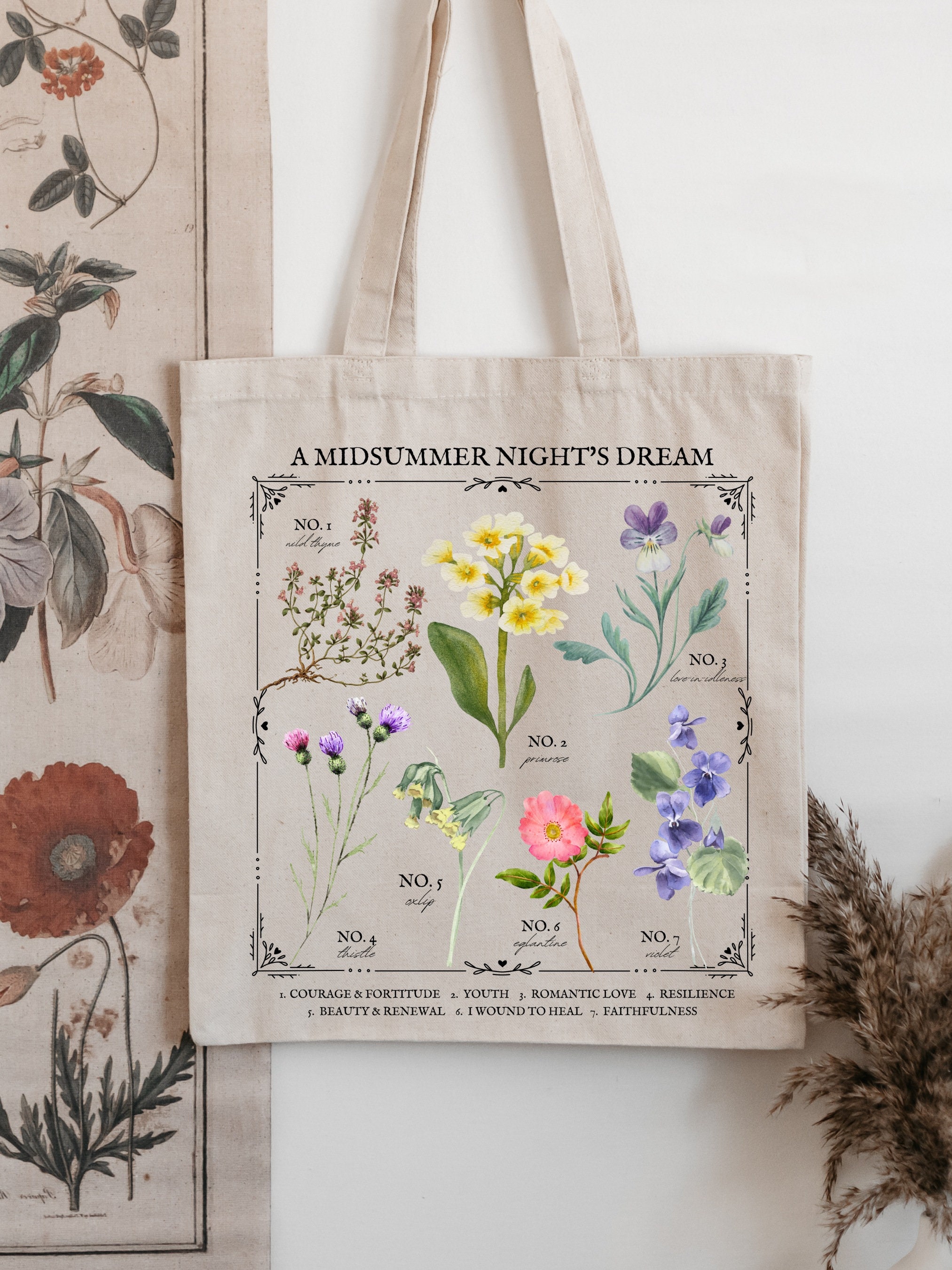 Shakespeare Midsummer Night’s Dream Flower Chart Herbology Floral Tote Book Bag * Bookish Bookworm Gift * Poet Literature Shirt