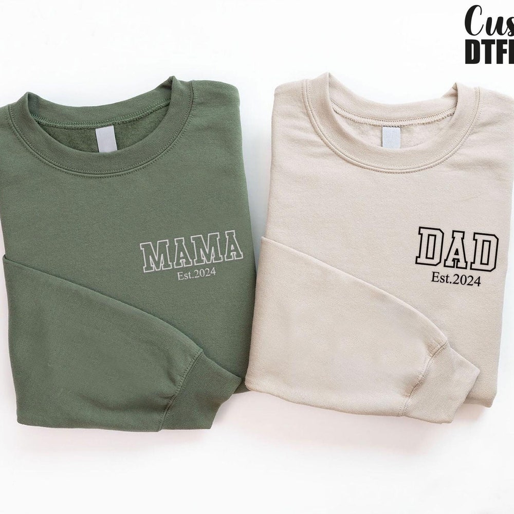 Embroidered Mama And Dad Est Sweatshirt, Custom Mama Dad Est Crewneck, New Mom Dad Sweatshirts, Parents To Be Gifts,New Parents Gift Sweater Hoodiehome Store Wearzone