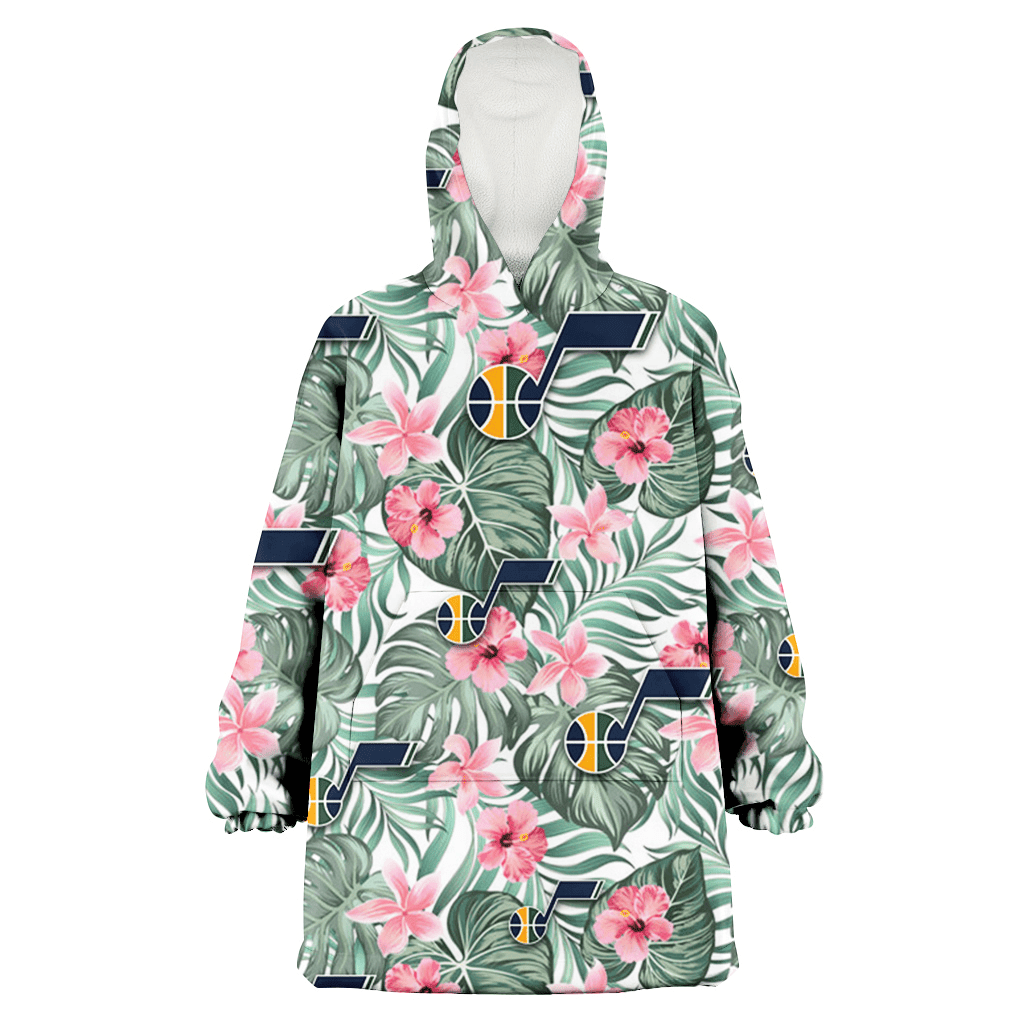 Utah Jazz Pink Hibiscus Porcelain Flower Tropical Leaf White Background 3D Printed Hoodie Blanket Snug Hoodie