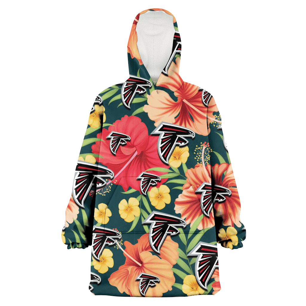 Atlanta Falcons Orange Red Hibiscus Green Leaf Dark Background 3D Printed Hoodie Blanket Snug Hoodie