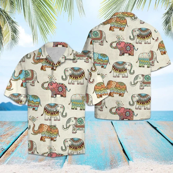 Colorful Mandala Elephant In Beige Hawaiian Shirt