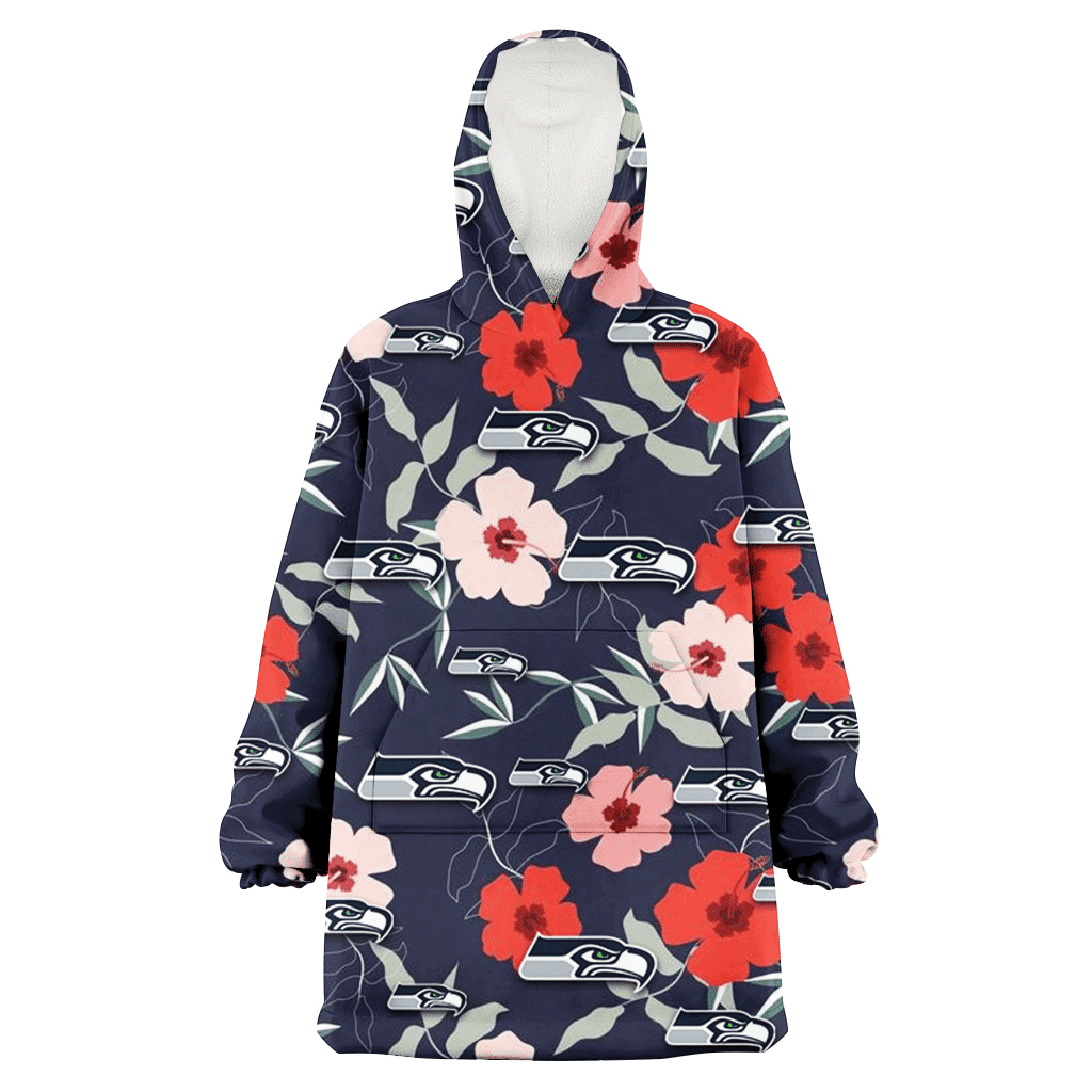 Seattle Seahawks Red Pink White Hibiscus Black Background 3D Printed Hoodie Blanket Snug Hoodie