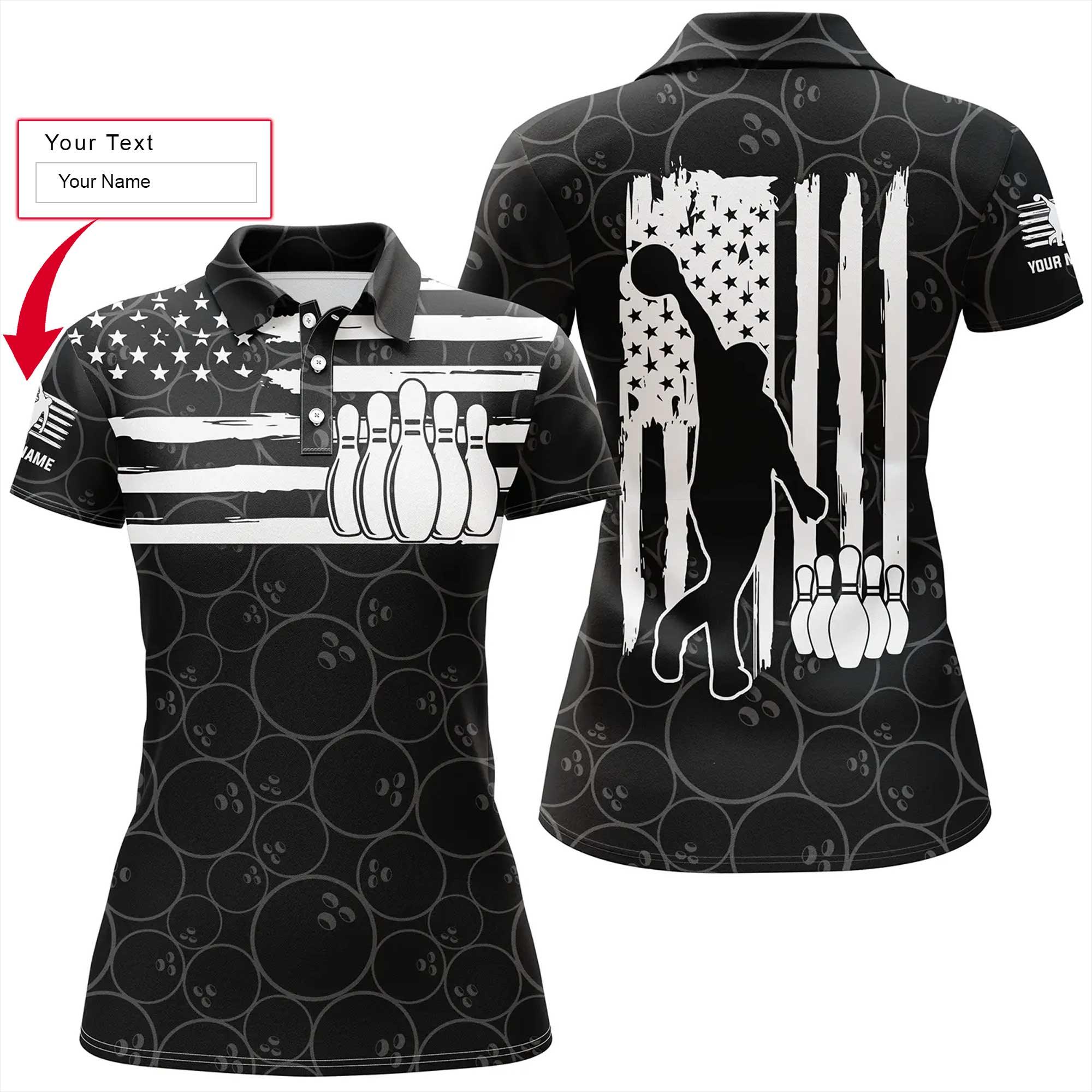 Wearzone Style Bowling Customized Women Polo Shirt - American Flag Black Polo Shirts, Personalized Bowling Polo Shirt - Gift For Lady, Bowlers, Bowling Lovers