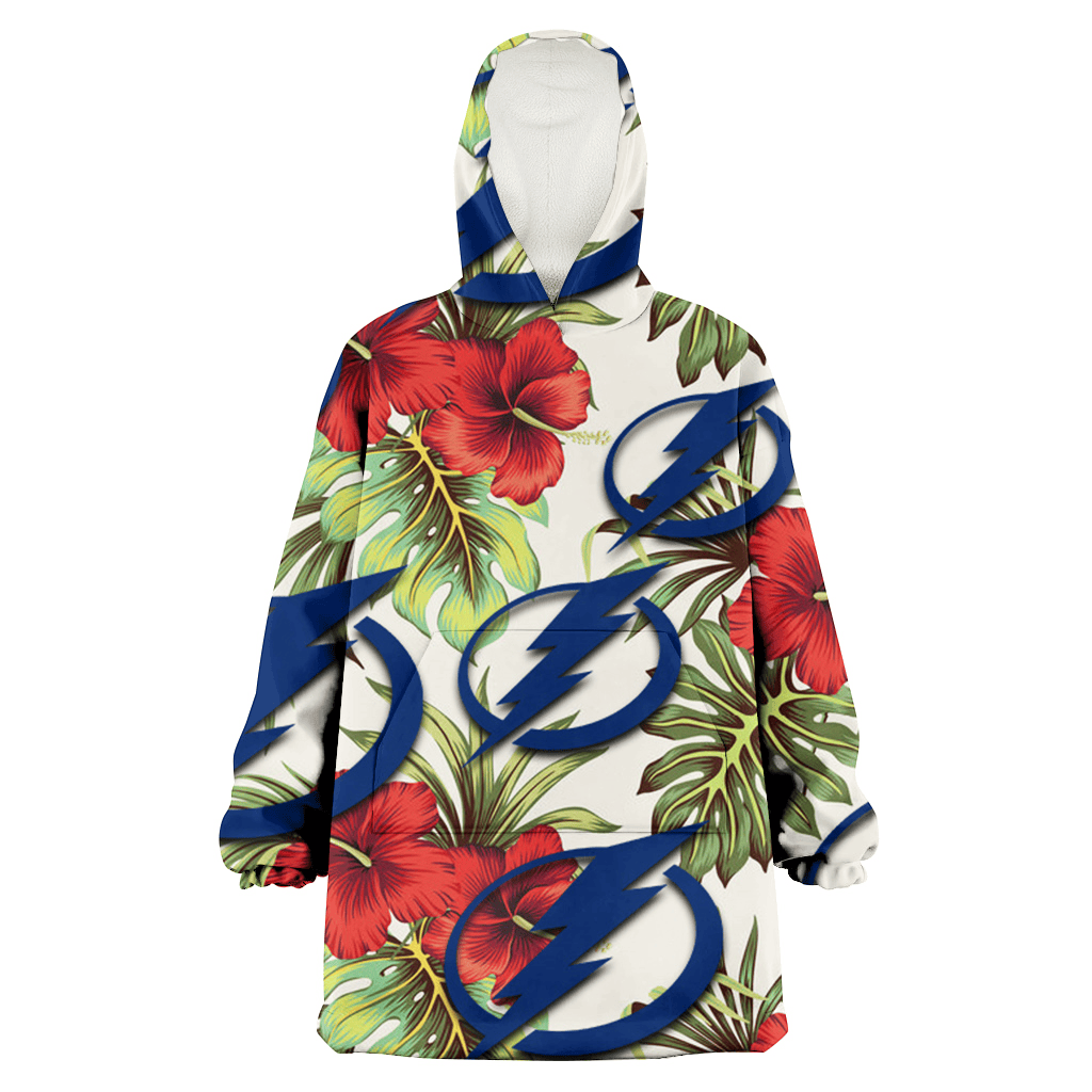 Tampa Bay Lightning Red Hibiscus Green Tropical Leaf Cream Background 3D Printed Hoodie Blanket Snug Hoodie