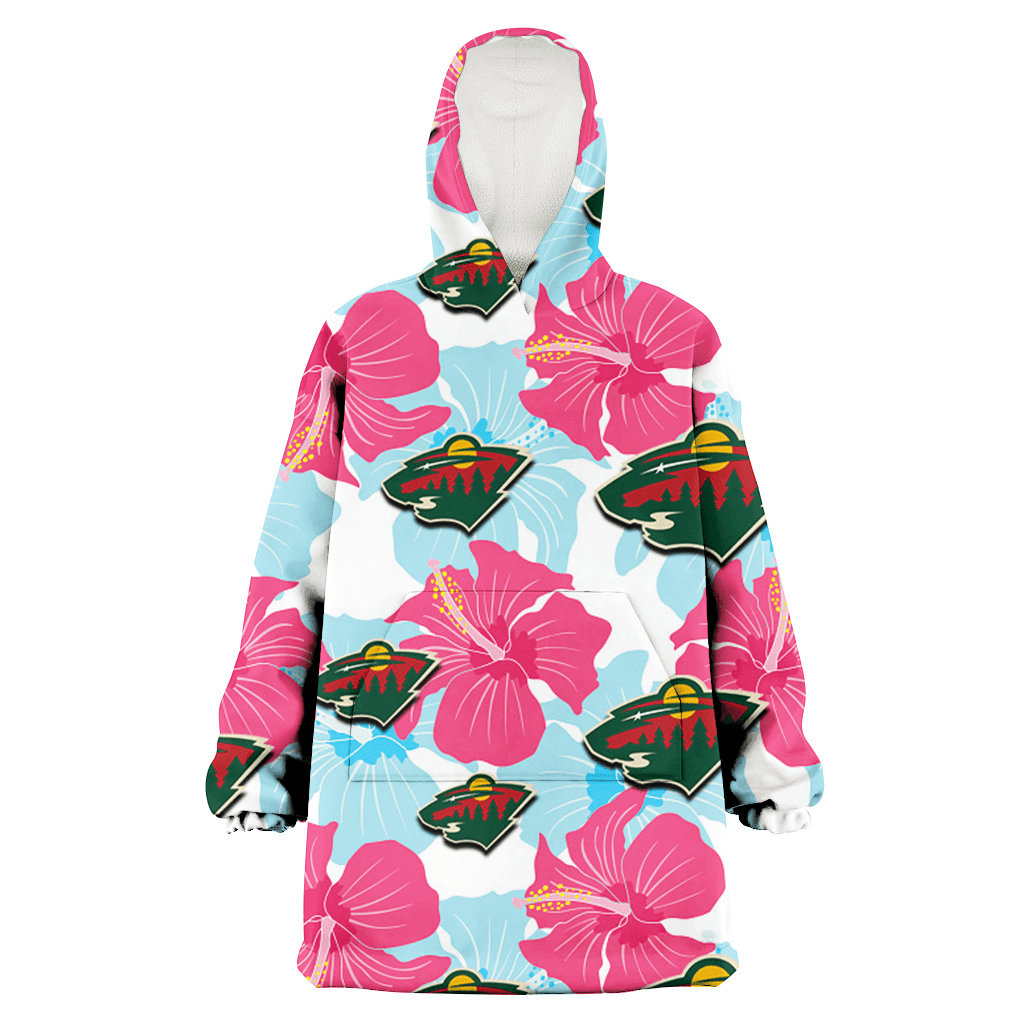 Minnesota Wild Pink Blue Hibiscus White Background 3D Printed Hoodie Blanket Snug Hoodie