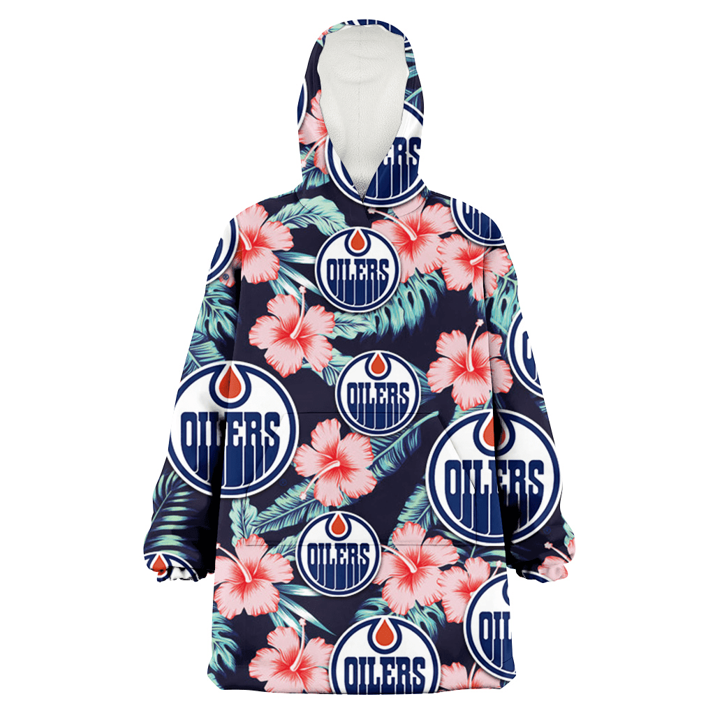 Edmonton Oilers Coral Hibiscus Green Banana Leaf Black Background 3D Printed Hoodie Blanket Snug Hoodie