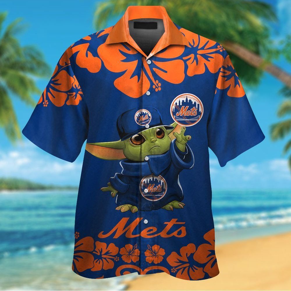 New York Mets Baby Yoda Short Sleeve Button Up Tropical Hawaiian Shirt