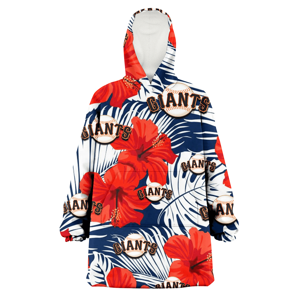 San Francisco Giants White Tropical Leaf Red Hibiscus Navy Background 3D Printed Hoodie Blanket Snug Hoodie