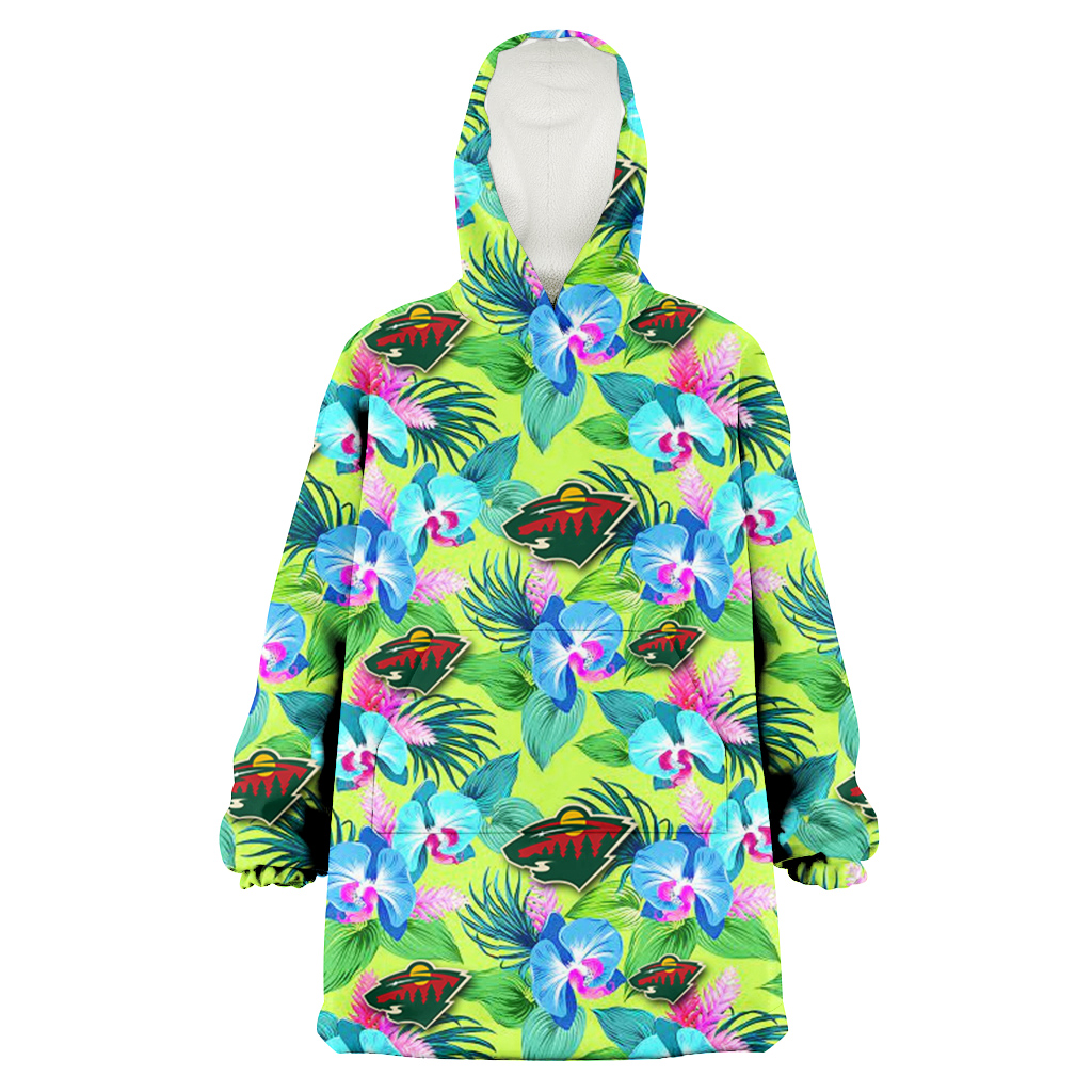 Minnesota Wild Blue Orchid Green Pink Leaf Green Background 3D Printed Hoodie Blanket Snug Hoodie