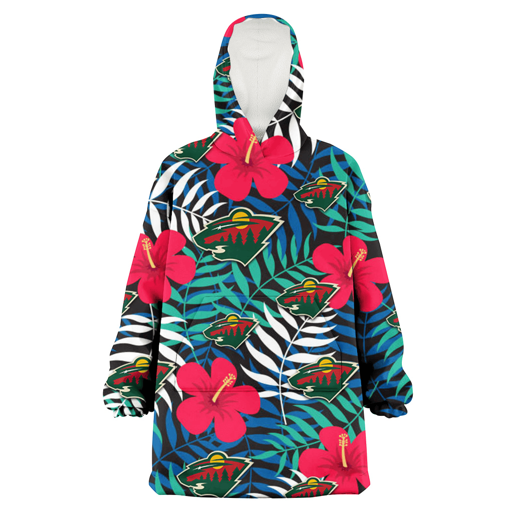 Minnesota Wild Red Hibiscus Green Blue White Leaf Black Background 3D Printed Hoodie Blanket Snug Hoodie