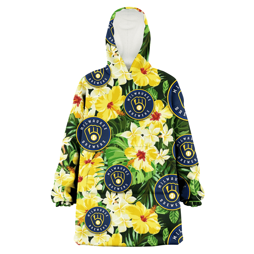 Milwaukee Brewers Yellow Hibiscus Tropical Green Leaf Black Background 3D Printed Hoodie Blanket Snug Hoodie