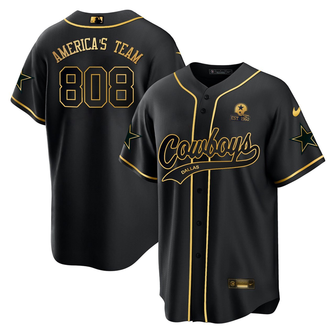 America’S Team #808 Dallas Cowboys Baseball Black Gold Jersey – All Stitched