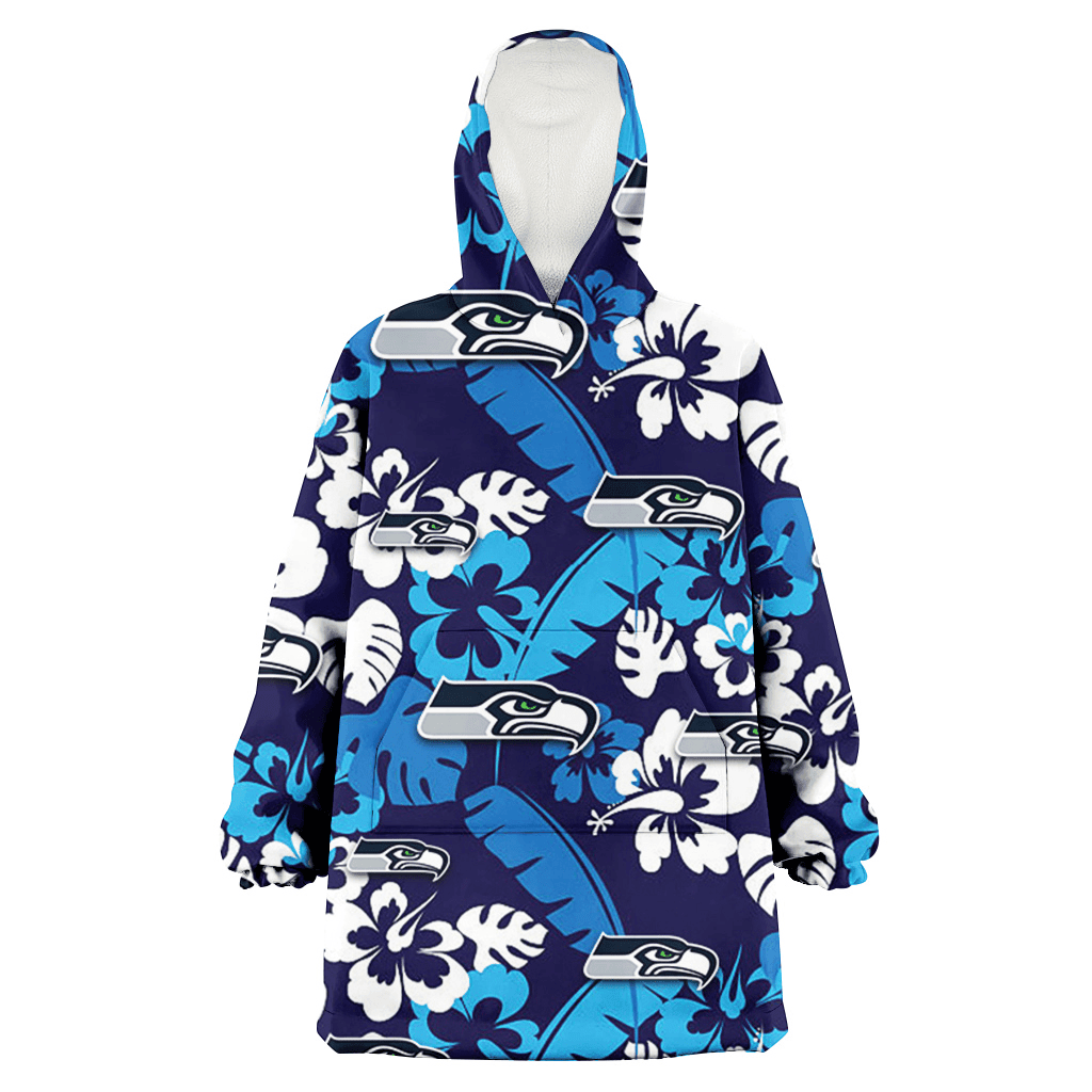 Seattle Seahawks Light Blue Hibiscus Banana Leaf Navy Background 3D Printed Hoodie Blanket Snug Hoodie