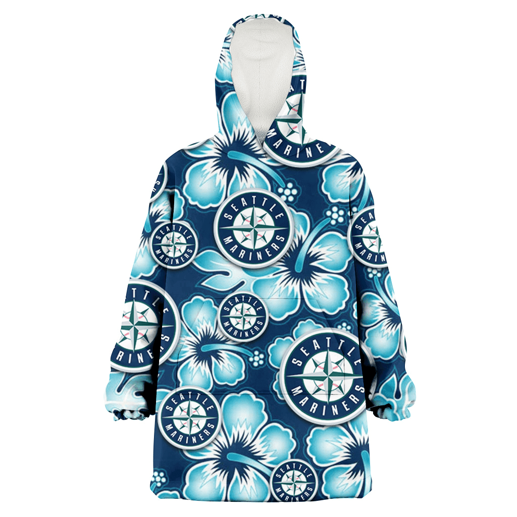 Seattle Mariners Dark Turquoise Hibiscus Navy Background 3D Printed Hoodie Blanket Snug Hoodie