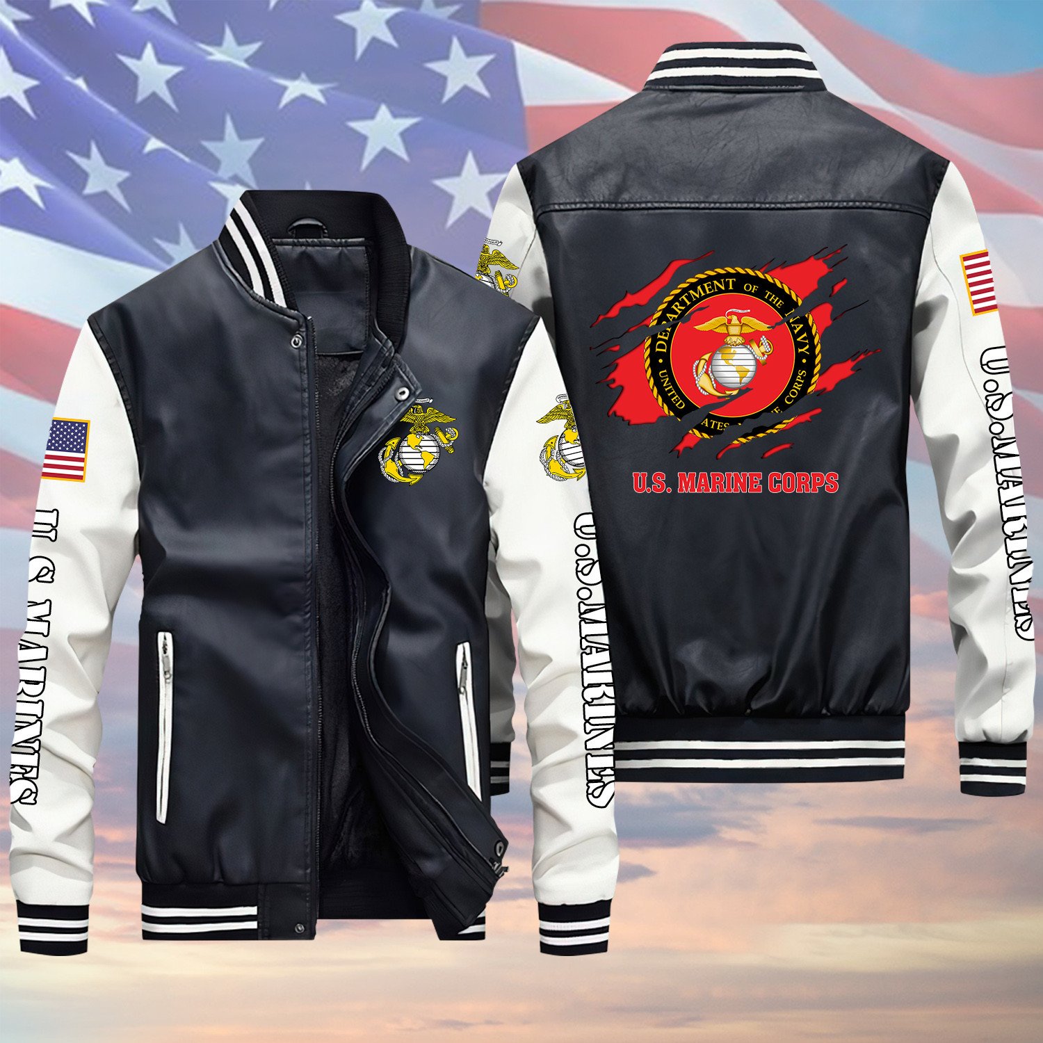 U.S Marine Veteran Logo Proud Black Winter Gear Leather Bomber Leterman Varsity Jacket