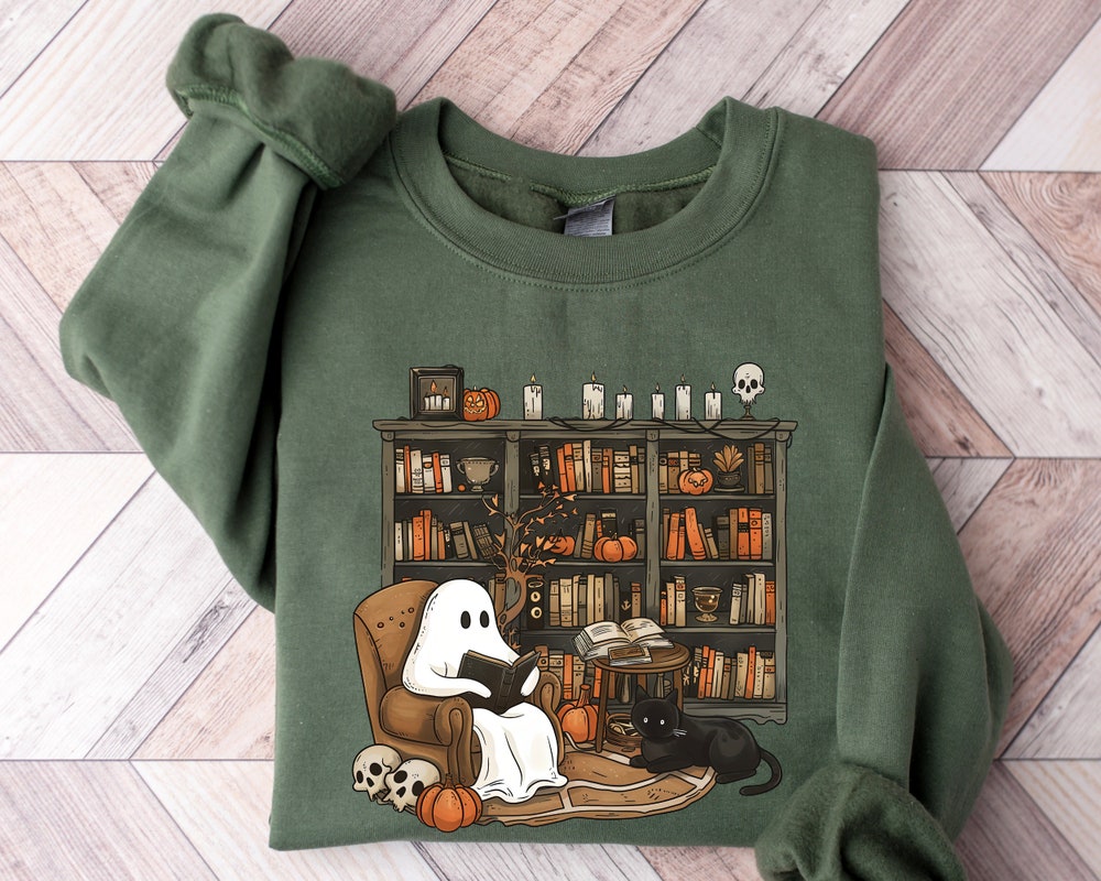 Retro Ghost Reading Books Sweatshirt, Librarian Ghost Halloween, Halloween Teacher Sweatshirt, Halloween Shirt, Teacher Gift, Boo School Onlineshoesmall