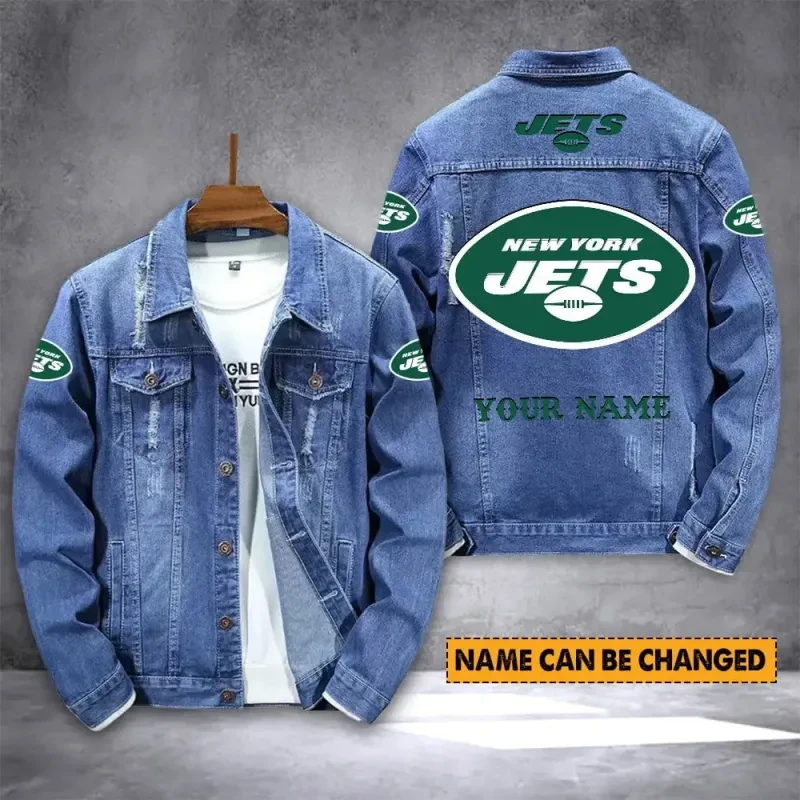 New York Jets NFL Team Name Personalized Back Sleeve Logo Blue Huge Pattern Denim Jacket