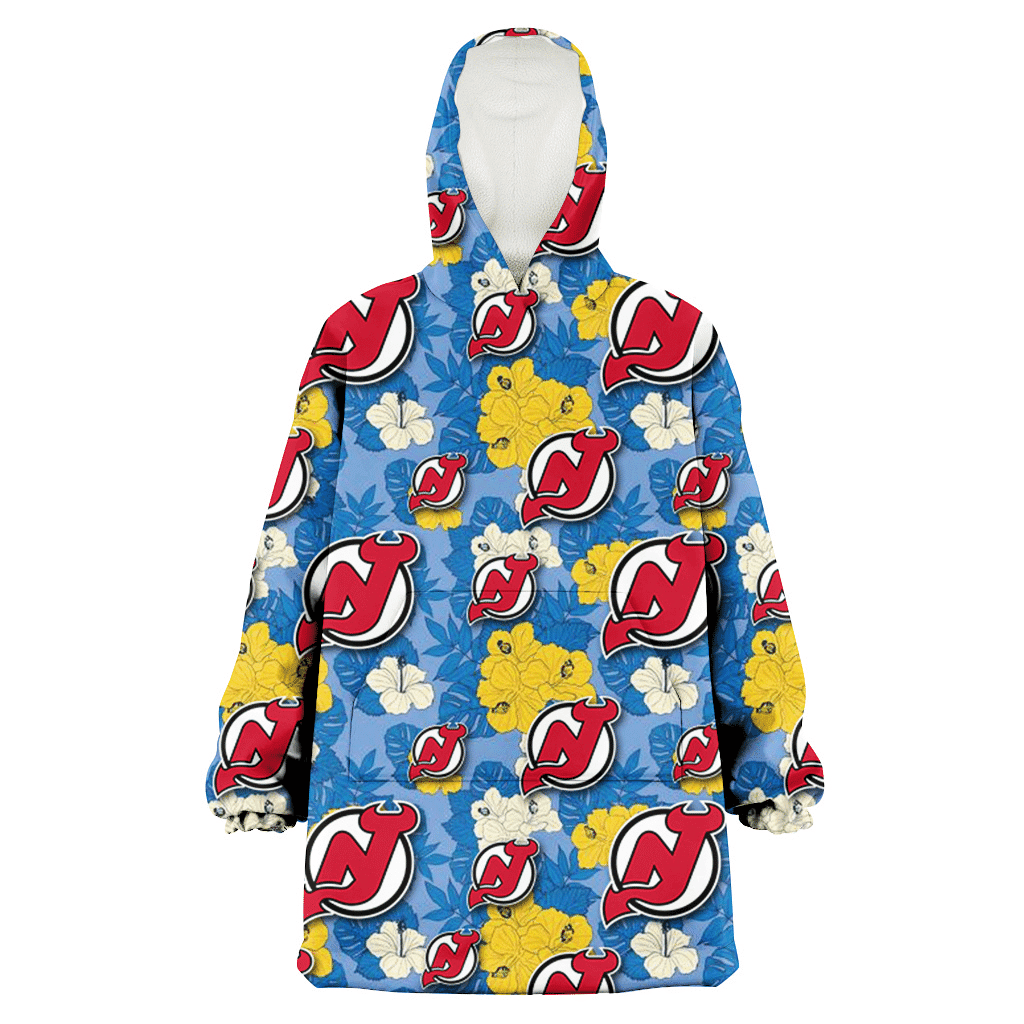 New Jersey Devils Yellow White Hibiscus Powder Blue Background 3D Printed Hoodie Blanket Snug Hoodie