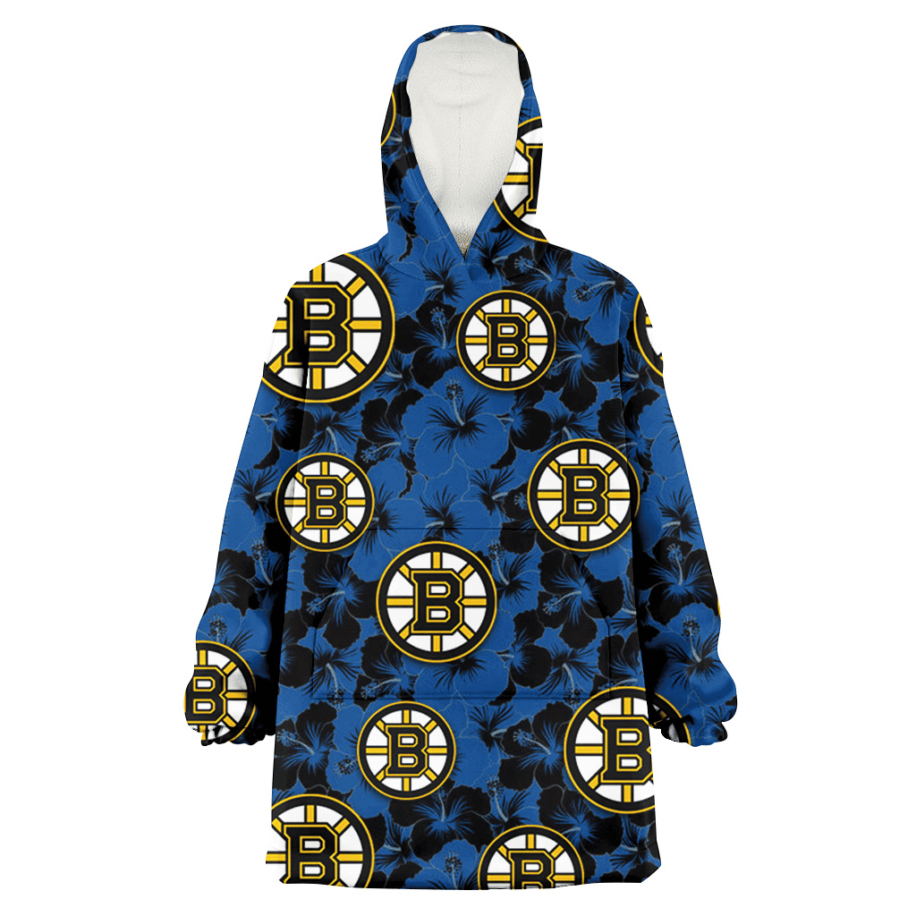 Boston Bruins Black Dark Blue Hibiscus Black Background 3D Printed Hoodie Blanket Snug Hoodie