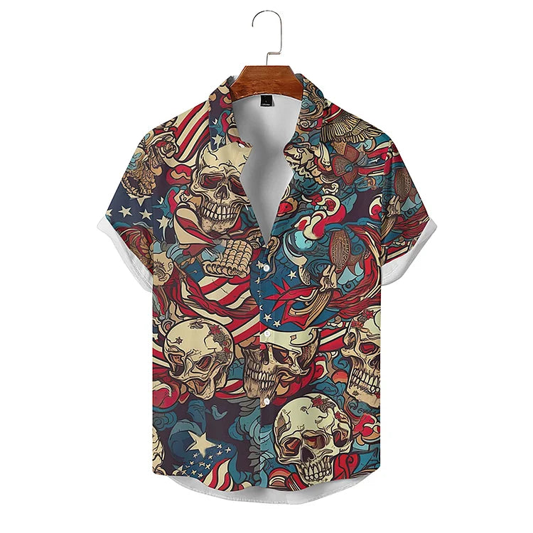 Dkull Flag Print Beach Holiday Style Short Sleeve Shirt, Hawaiian Shirt For Men